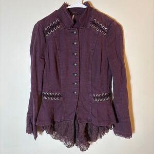 Free People Military Lace Peplum Jacket Purple Aubergine‎ Size XS